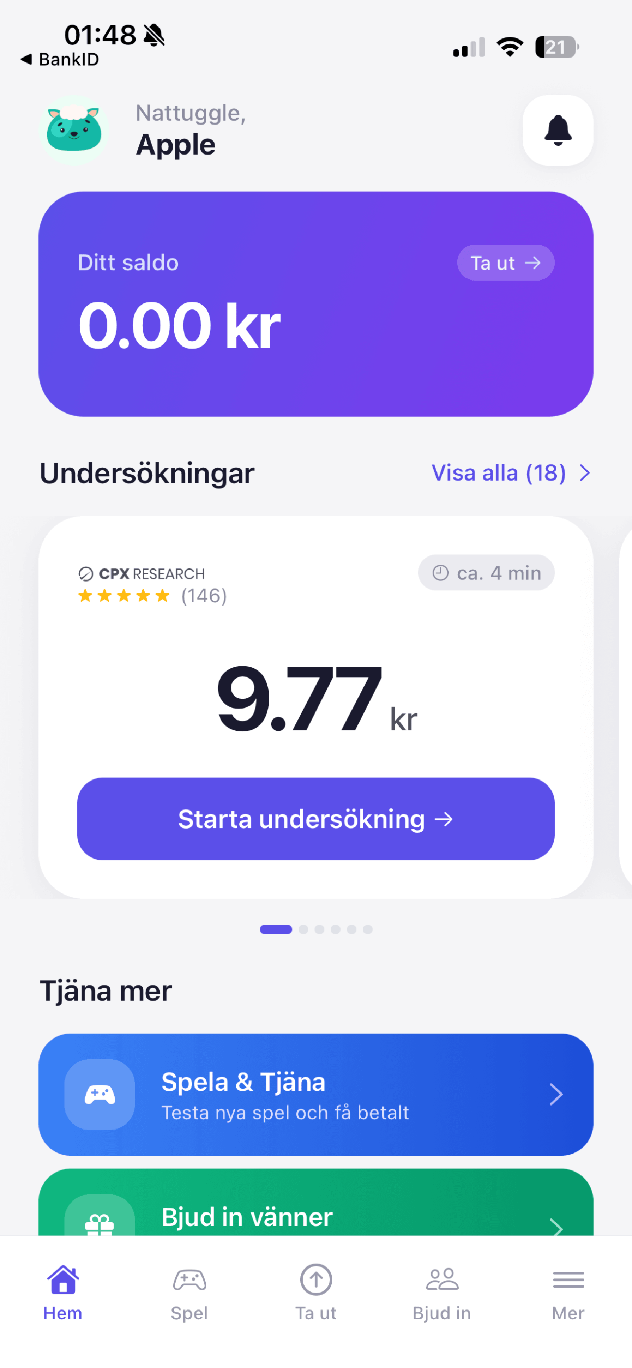 FolkPanelen app startsida - Visa saldo, betalda enkäter och tillgängliga undersökningar med direkt Swish-utbetalning. Sveriges moderna undersökningspanel.