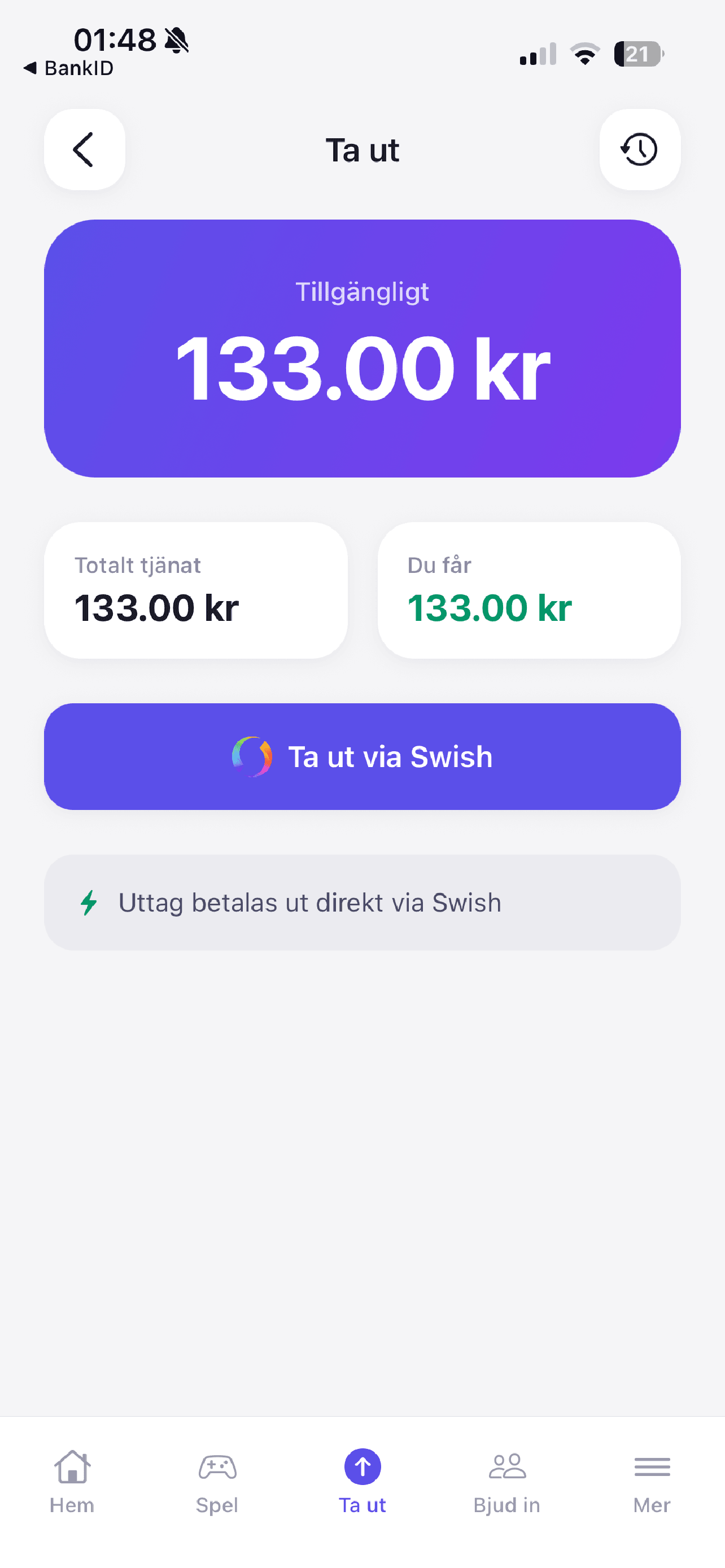 FolkPanelen app - Ta ut pengar direkt via Swish med lägsta uttagsgräns 10 kr, snabb utbetalning till bankkonto. Direkt utbetalning inom sekunder.